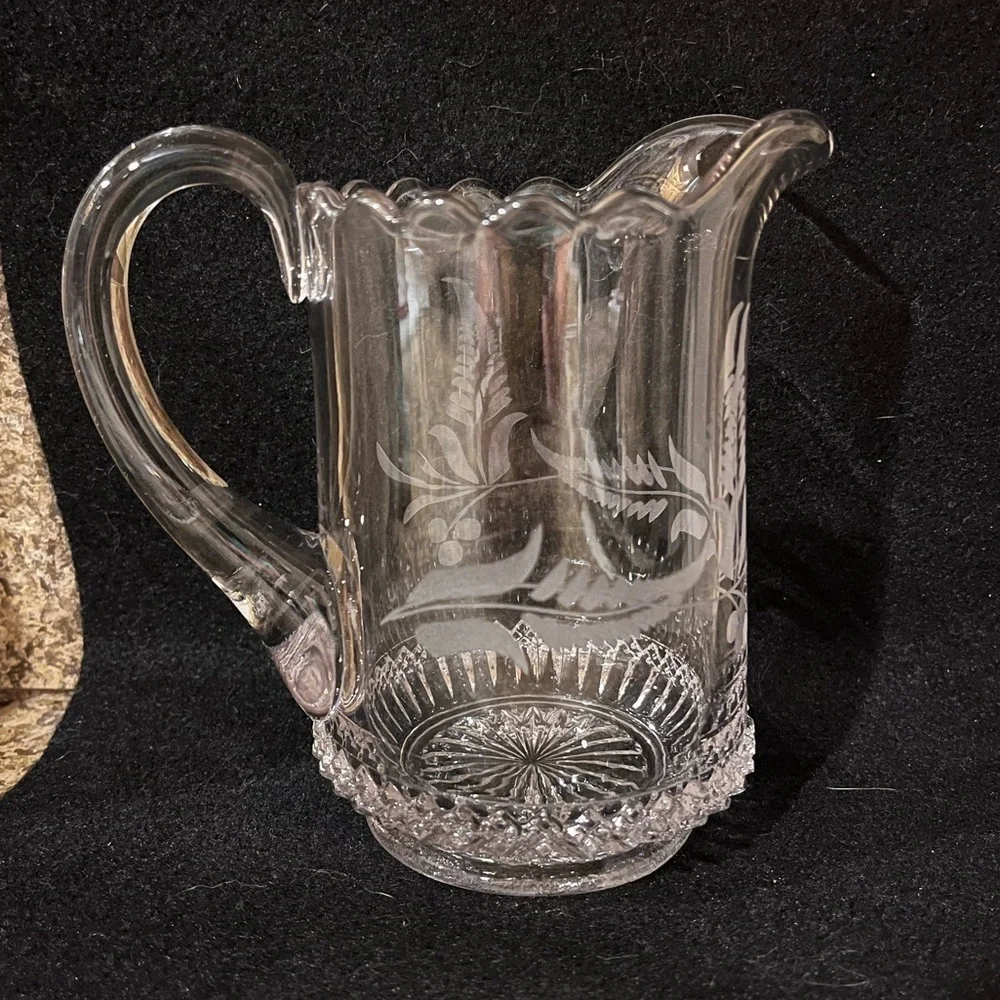 Vintage EAPG DAKOTA 5” Creamer Pitcher with Etched Fern Leaf & Starburst Bottom
